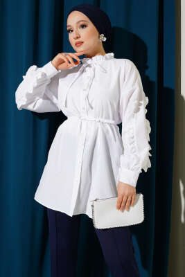 Pazarium - Kol Fırfırlı İp Kuşaklı Gömlek Beyaz