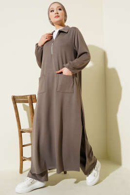 Pazarium - Loyşa Cepli Uzun Tunik İkili Takım Vizon