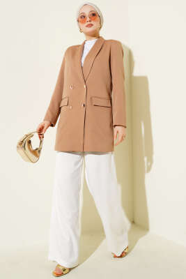Cep Kapaklı Dabıl Blazer Ceket Latte - Thumbnail