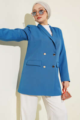 Pazarium - Cep Kapaklı Dabıl Blazer Ceket İndigo
