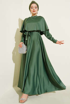 Pazarium - Boleronlu Saten Abiye Elbise Haki