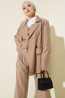 Pazarium - Omuz Vatkalı Ceketli Yelekli Üçlü Takım Latte