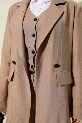 Omuz Vatkalı Ceketli Yelekli Üçlü Takım Latte - Thumbnail