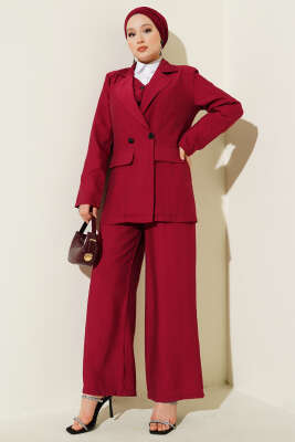 Pazarium - Omuz Vatkalı Ceketli Yelekli Üçlü Takım Bordo