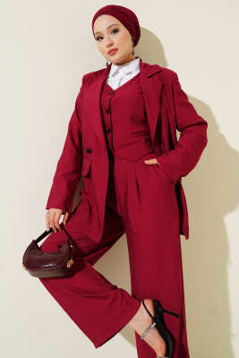 Omuz Vatkalı Ceketli Yelekli Üçlü Takım Bordo - Thumbnail
