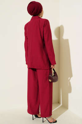 Omuz Vatkalı Ceketli Yelekli Üçlü Takım Bordo - Thumbnail