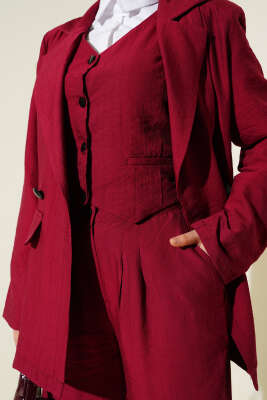 Omuz Vatkalı Ceketli Yelekli Üçlü Takım Bordo - Thumbnail