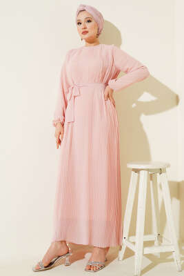 Pazarium - Sık Pileli Şifon Elbise Pudra