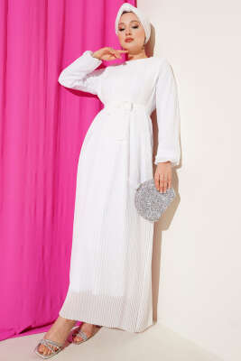 Pazarium - Sık Pileli Şifon Elbise Beyaz