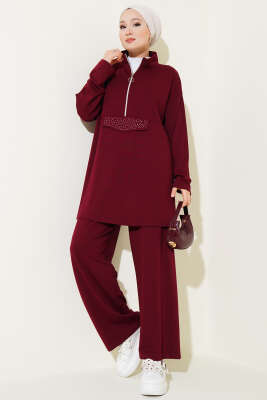 Loyşa Yarım Fermuarlı Taşlı İkili Takım Bordo - Thumbnail