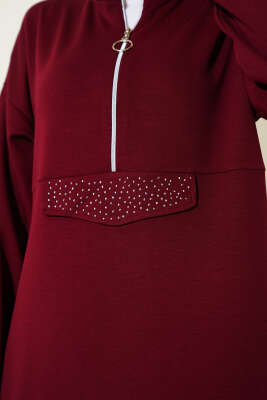 Loyşa Yarım Fermuarlı Taşlı İkili Takım Bordo - Thumbnail