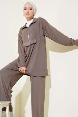 Pazarium - Loyşa Yarım Fermuarlı Taşlı İkili Takım Vizon