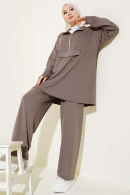 Loyşa Yarım Fermuarlı Taşlı İkili Takım Vizon - Thumbnail