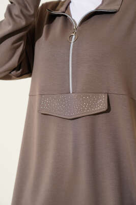 Loyşa Yarım Fermuarlı Taşlı İkili Takım Vizon - Thumbnail