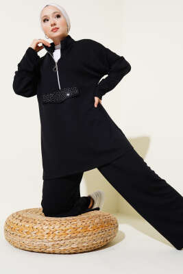 Loyşa Yarım Fermuarlı Taşlı İkili Takım Siyah - Thumbnail
