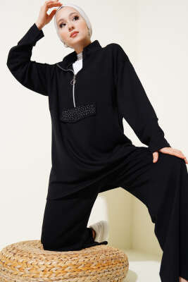 Loyşa Yarım Fermuarlı Taşlı İkili Takım Siyah - Thumbnail