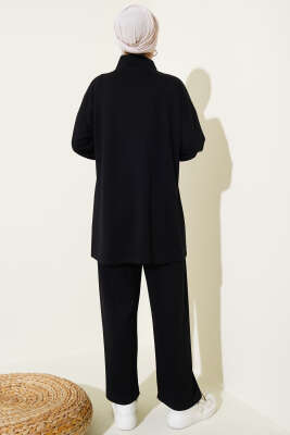 Loyşa Yarım Fermuarlı Taşlı İkili Takım Siyah - Thumbnail