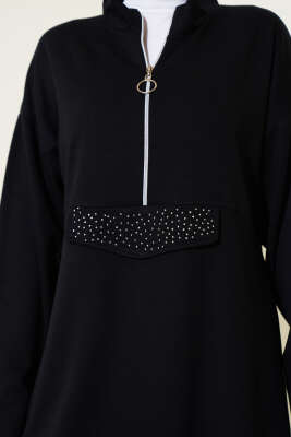 Loyşa Yarım Fermuarlı Taşlı İkili Takım Siyah - Thumbnail