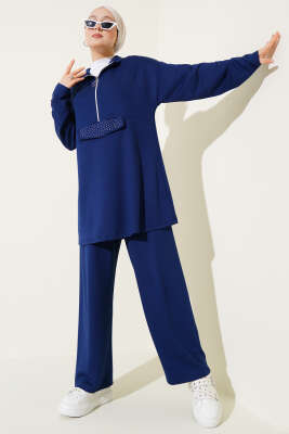 Pazarium - Loyşa Yarım Fermuarlı Taşlı İkili Takım Lacivert