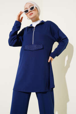 Loyşa Yarım Fermuarlı Taşlı İkili Takım Lacivert - Thumbnail