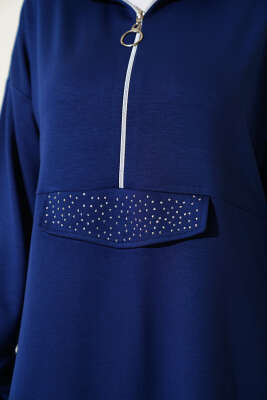 Loyşa Yarım Fermuarlı Taşlı İkili Takım Lacivert - Thumbnail