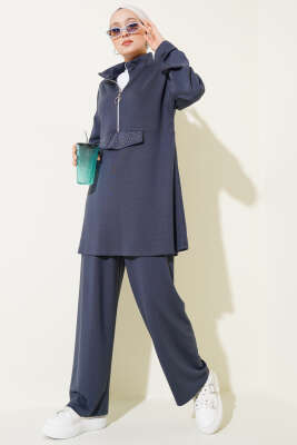 Pazarium - Loyşa Yarım Fermuarlı Taşlı İkili Takım Füme