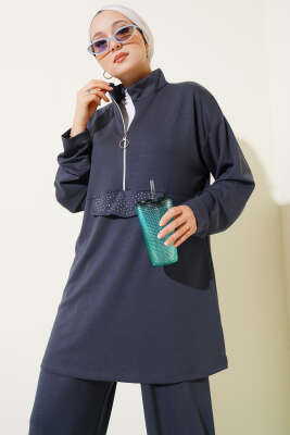 Loyşa Yarım Fermuarlı Taşlı İkili Takım Füme - Thumbnail