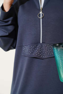 Loyşa Yarım Fermuarlı Taşlı İkili Takım Füme - Thumbnail