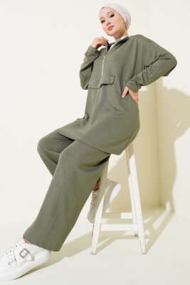 Loyşa Yarım Fermuarlı Taşlı İkili Takım Çağla Yeşili - Thumbnail