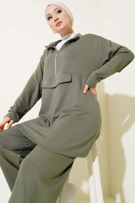 Loyşa Yarım Fermuarlı Taşlı İkili Takım Çağla Yeşili - Thumbnail