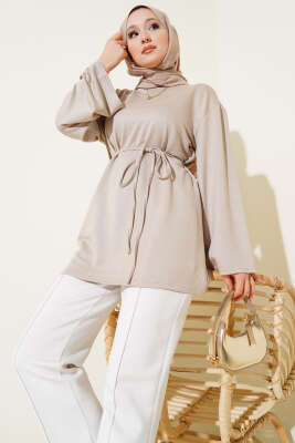 Pazarium - Loyşa Geniş Kollu İp Kuşaklı Tunik Taş