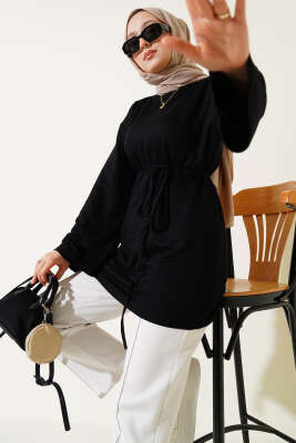 Pazarium - Loyşa Geniş Kollu İp Kuşaklı Tunik Siyah