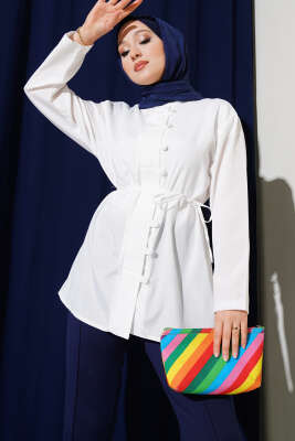 Pazarium - Brit Düğmeli Kuşaklı Terikoton Gömlek Beyaz