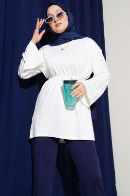 Pazarium - Loyşa Geniş Kollu İp Kuşaklı Tunik Ekru