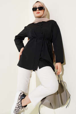 Pazarium - Brit Düğmeli Kuşaklı Terikoton Gömlek Siyah