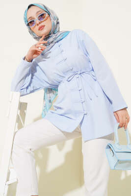 Pazarium - Brit Düğmeli Kuşaklı Terikoton Gömlek Mavi