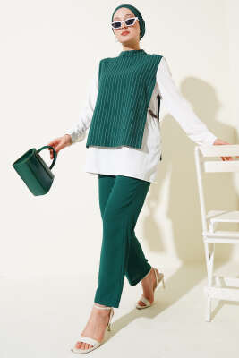 Pazarium - Yanları Aksesuarlı Çizgili Takım Yeşil