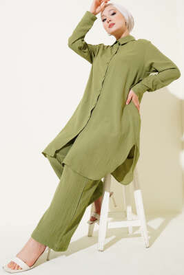 Pazarium - Düğmeli Ağaç Kabuğu İkili Takım Yeşil