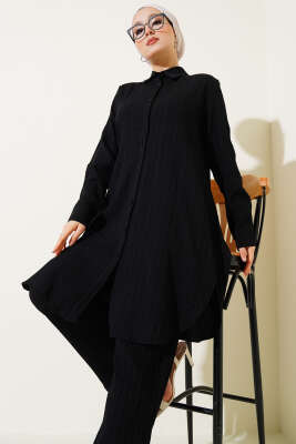 Pazarium - Düğmeli Ağaç Kabuğu İkili Takım Siyah