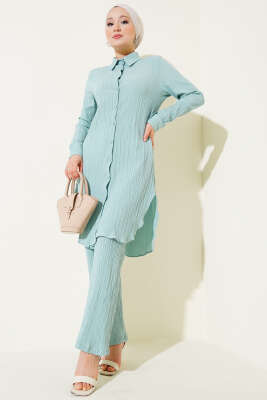 Pazarium - Düğmeli Ağaç Kabuğu İkili Takım Mint Yeşili