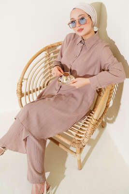 Pazarium - Düğmeli Ağaç Kabuğu İkili Takım Latte