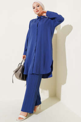 Pazarium - Düğmeli Ağaç Kabuğu İkili Takım İndigo