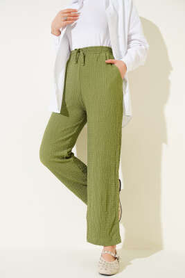 Pazarium - Bel İpli Kabartmalı Pantolon Yeşil