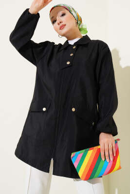 Pazarium - Fermuarlı Gömlek Yaka Kap Siyah