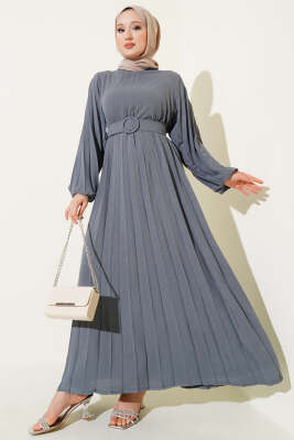 Pazarium - Piliseli Kemerli Ayrobin Elbise Gri