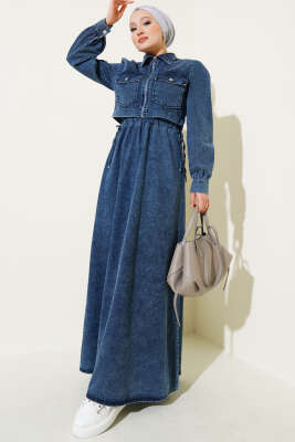 Pazarium - Bel Tünelli Fermuarlı Jile İkili Takım Kot