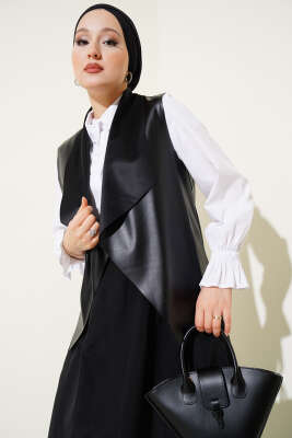 Deri Kısa Yelek Siyah - Thumbnail