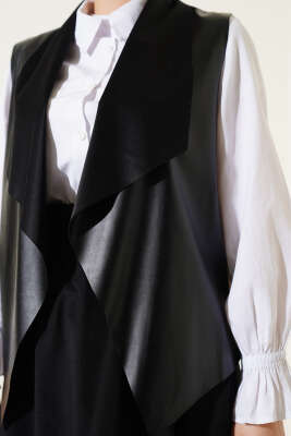 Deri Kısa Yelek Siyah - Thumbnail