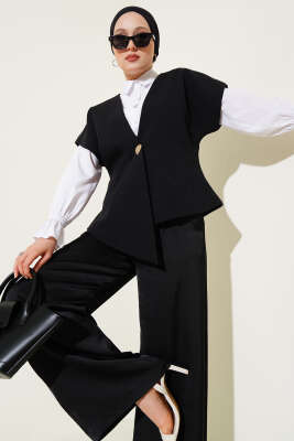 Pazarium - Gold Düğmeli Basic Yelek Siyah