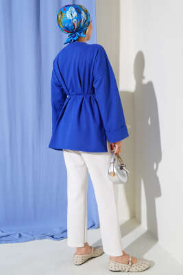 Duble Kol İp Bağcıklı Tunik Saks - Thumbnail